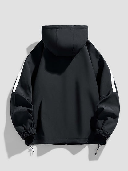 Men's Heavy-Duty Windproof Jacket - Full-Zip Hooded Windbreaker with White Stripe Collar & Cuffs