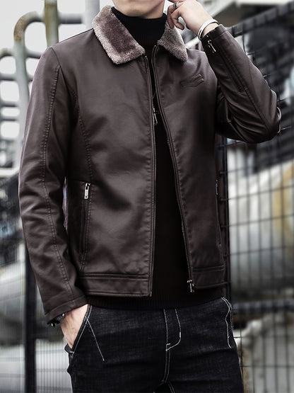 Warm Windproof PU Jacket Warm Windproof Men's Casual PU Jacket with Fleece Lining