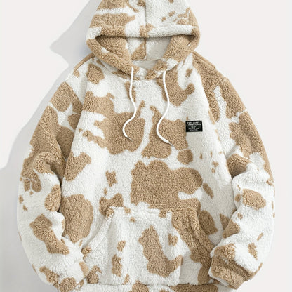 1pc Men'S Plush Hooded Sweatshirt - Soft Warm Winter Pullover with Brown & Cow Print