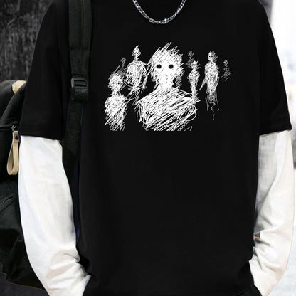 Color Matching Fake Two Men's Casual Loose Long-sleeved - Line Figure Printing T-shirts