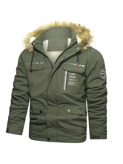 Men'S Winter Hooded Jacket with Fleece Lining - Thickened Zip-Up Coat, Multiple Pockets