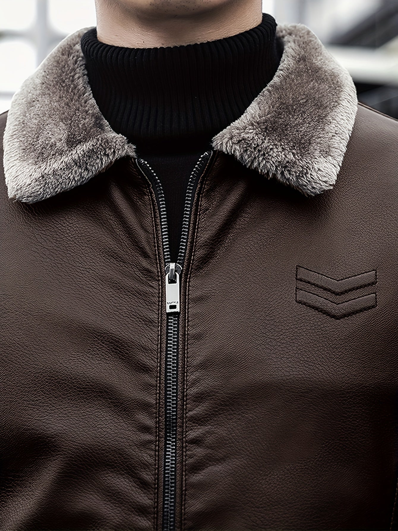 Warm Windproof PU Jacket Warm Windproof Men's Casual PU Jacket with Fleece Lining