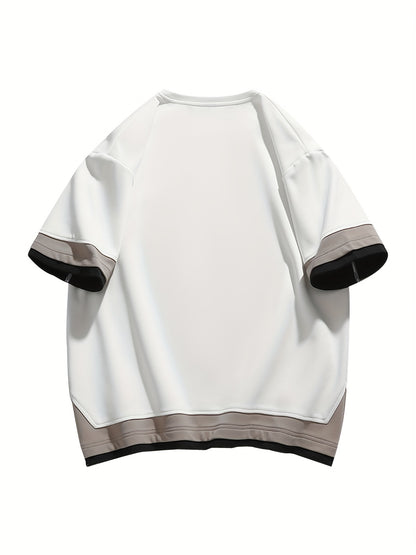 Men's Summer Short Sleeve T-Shirt - Color-Block Half-Zip Design, 100% Polyester Lightweight 100gsm