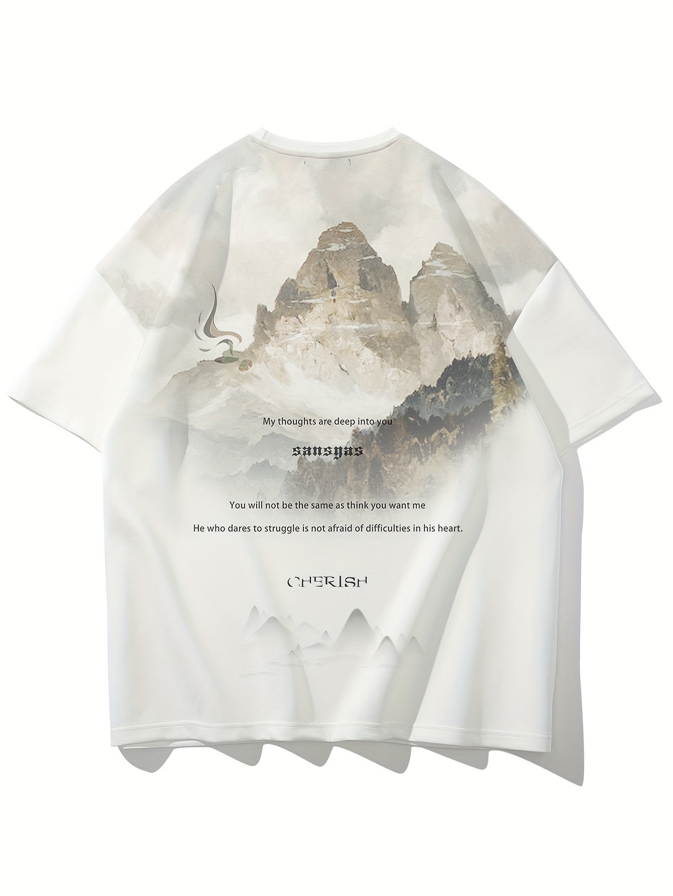 Men's Casual Loose-Fit Short Sleeve T-Shirt - White Mountain & Crane Print, Lightweight Polyester Blend