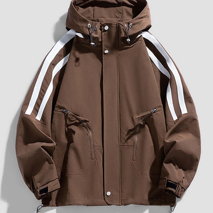 Men's Heavy-Duty Windproof Jacket - Full-Zip Hooded Windbreaker with White Stripe Collar & Cuffs