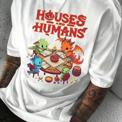 Men'S Casual Short Sleeve T-Shirt with Whimsical Dragon & Cabin Print - \