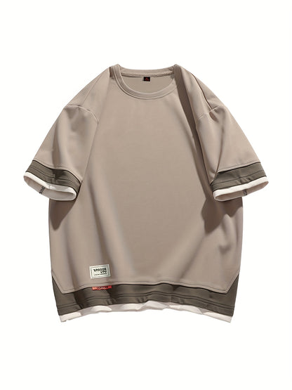 Men's Summer Short Sleeve T-Shirt - Color-Block Half-Zip Design, 100% Polyester Lightweight 100gsm