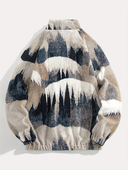 Men'S Plush Fleece-Lined Half-Zip Pullover Sweatshirt with Mountain Landscape Print - Soft Breathable Fabric
