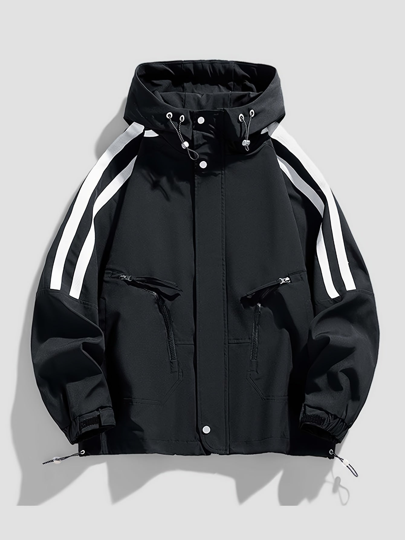 Men's Heavy-Duty Windproof Jacket - Full-Zip Hooded Windbreaker with White Stripe Collar & Cuffs