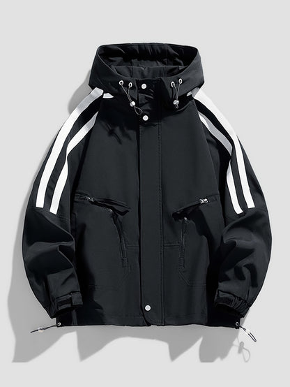 Men's Heavy-Duty Windproof Jacket - Full-Zip Hooded Windbreaker with White Stripe Collar & Cuffs