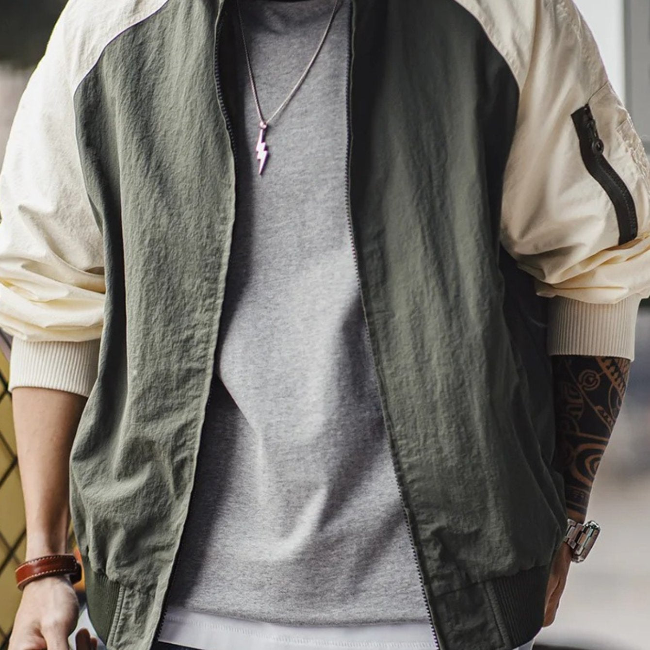 MADEN Men's Vintage MA1 Bomber Jacket - Olive Green & Contrast Zip-Up Baseball Collar