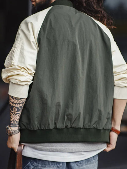 MADEN Men's Vintage MA1 Bomber Jacket - Olive Green & Contrast Zip-Up Baseball Collar