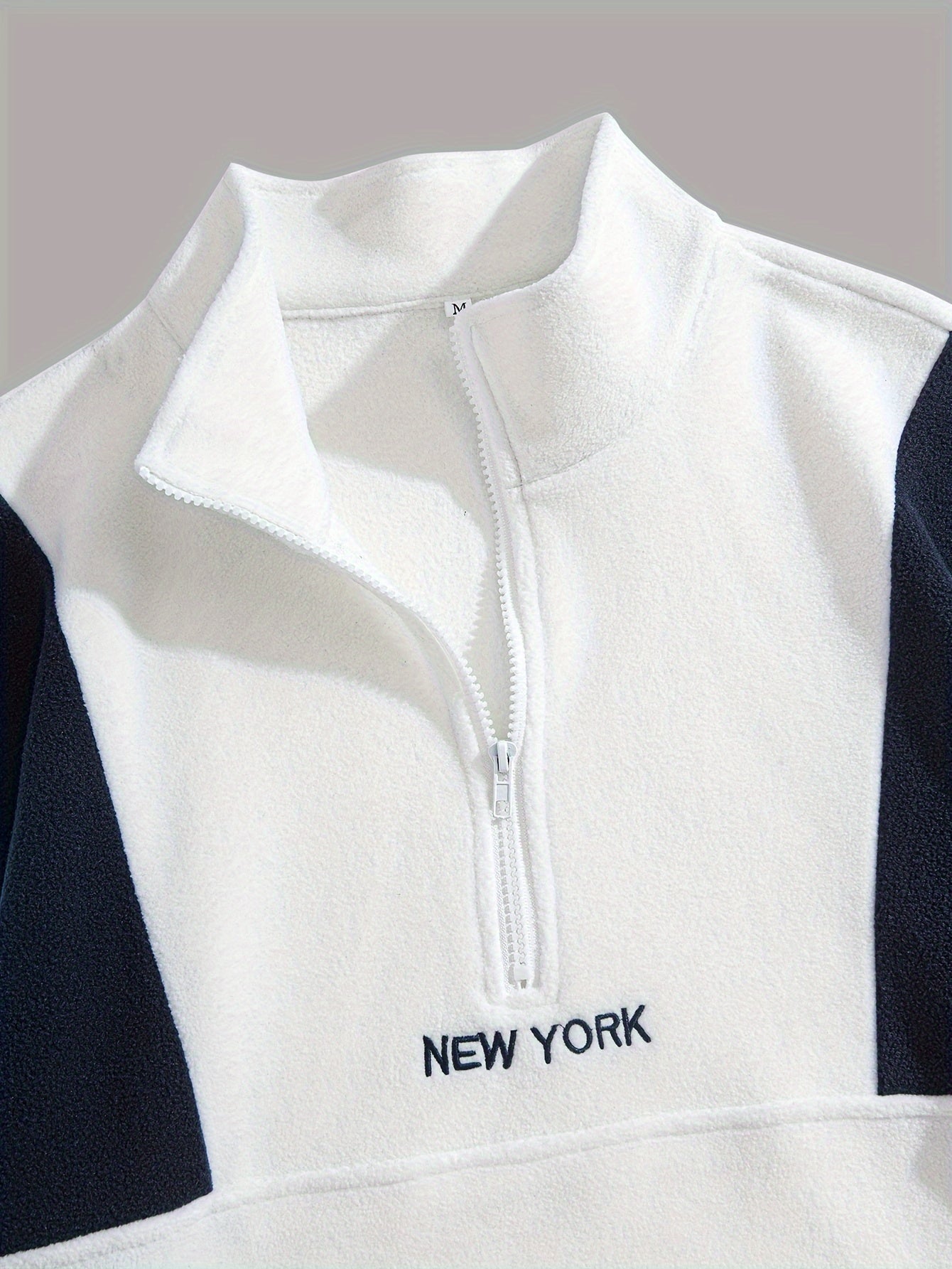 Preppy Style Embroidered Fleece Sweatshirt - Color Block Knit Fabric, Long Sleeve, Collared Neck