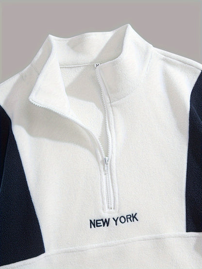 Preppy Style Embroidered Fleece Sweatshirt - Color Block Knit Fabric, Long Sleeve, Collared Neck