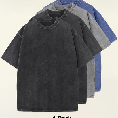 4pcs 100% Cotton Acid-Washed 230g T-Shirts - Retro Vintage Style