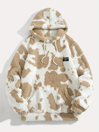 1pc Men'S Plush Hooded Sweatshirt - Soft Warm Winter Pullover with Brown & Cow Print