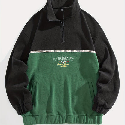 Men'S Color Block Fleece Zip-Up Hoodie with Embroidered Logo - High Neck, Long Sleeve
