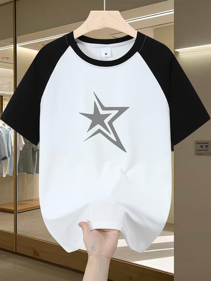 Men'S Casual Crew Neck T-Shirt with Star Graphic, Short Sleeve, Regular Fit, Slight Stretch Fabric, Summer Fashion Tee