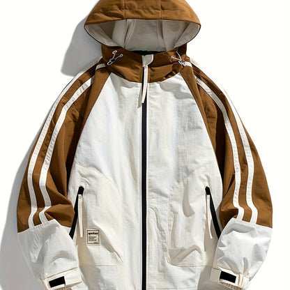 Polyester Hooded Jacket Polyester Men's Casual Hooded Jacket | Color-Block Design, Loose Fit