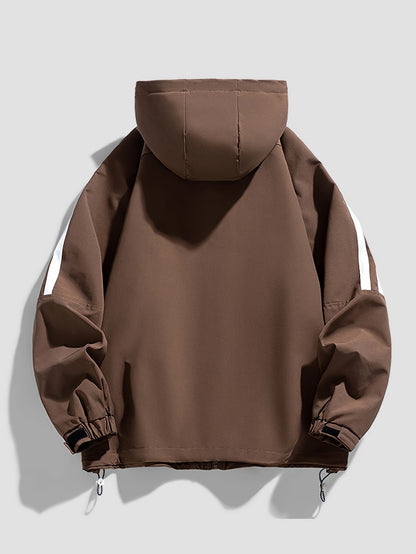 Men's Heavy-Duty Windproof Jacket - Full-Zip Hooded Windbreaker with White Stripe Collar & Cuffs