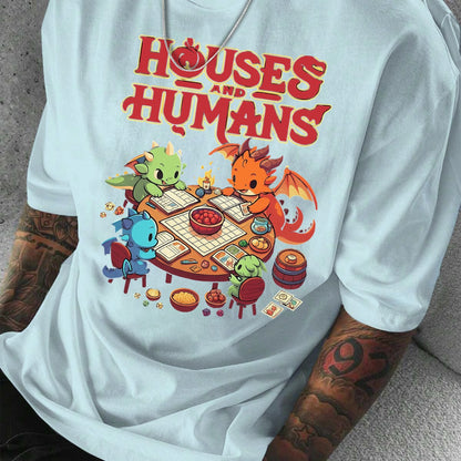 Men'S Casual Short Sleeve T-Shirt with Whimsical Dragon & Cabin Print - \