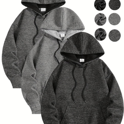 3pcs Men'S Comfortable Hooded Sweatshirts - Soft Plush Pullover with Pockets