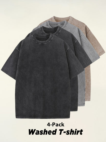 4pcs 100% Cotton Acid-Washed 230g T-Shirts - Retro Vintage Style