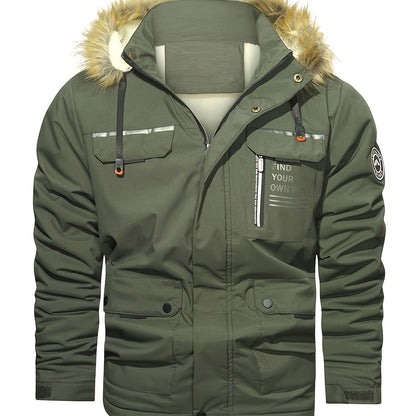 Men'S Winter Hooded Jacket with Fleece Lining - Thickened Zip-Up Coat, Multiple Pockets