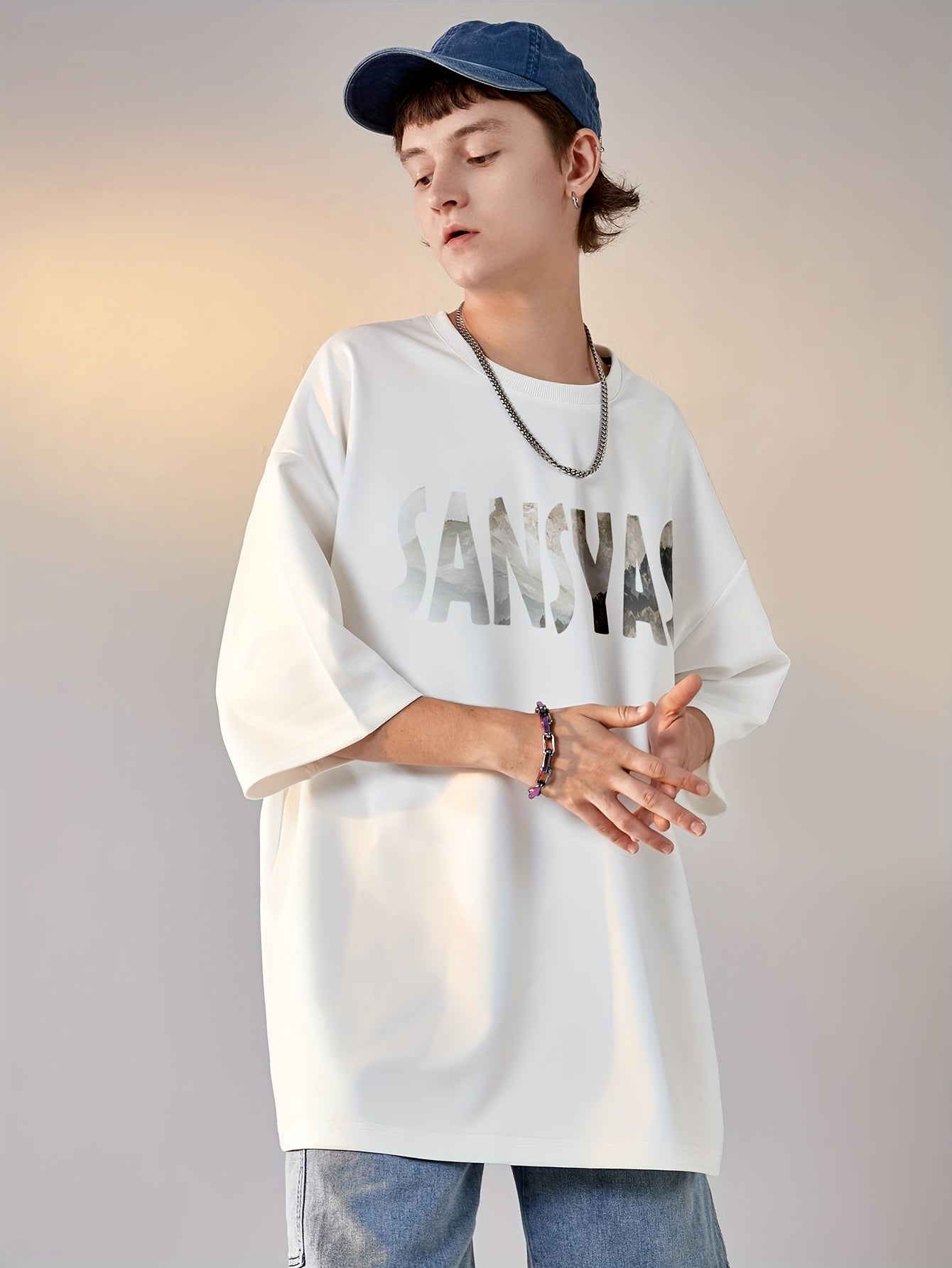 Men's Casual Loose-Fit Short Sleeve T-Shirt - White Mountain & Crane Print, Lightweight Polyester Blend