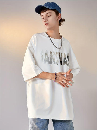 Men's Casual Loose-Fit Short Sleeve T-Shirt - White Mountain & Crane Print, Lightweight Polyester Blend