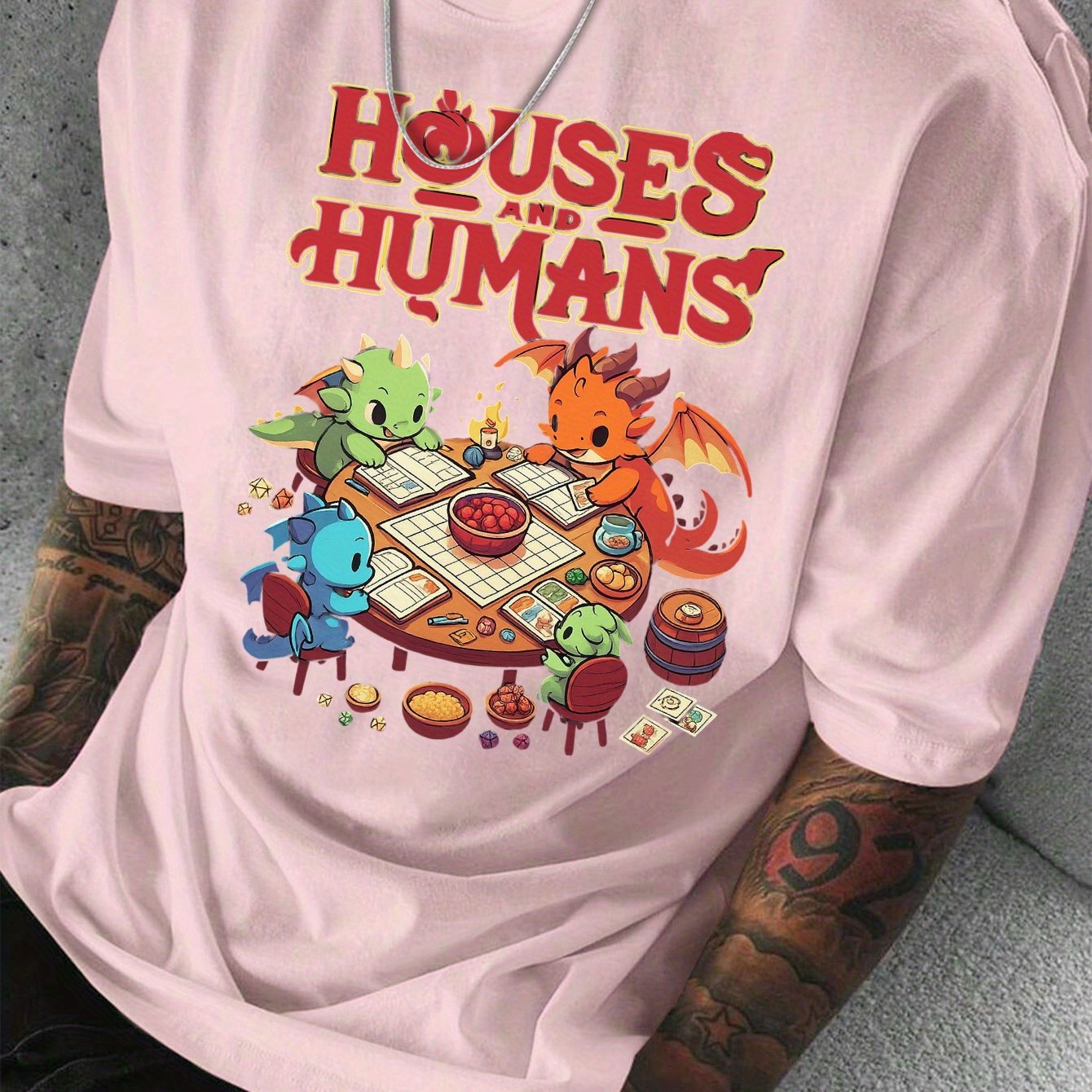 Men'S Casual Short Sleeve T-Shirt with Whimsical Dragon & Cabin Print - \