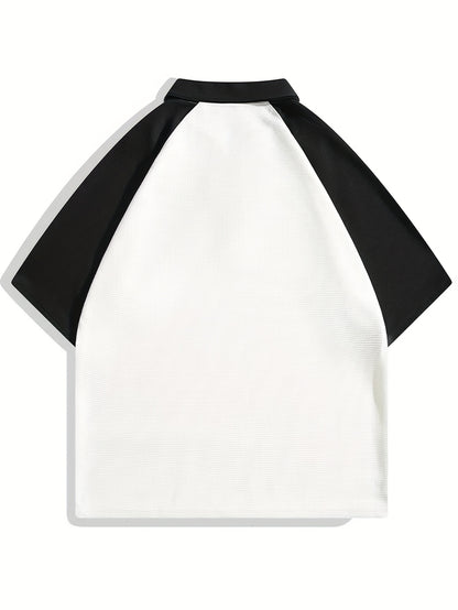 Men'S Casual Color Block T-Shirt - Summer Short Sleeve, Half-Zip, Lapel Collar, Heavyweight Polyester Top