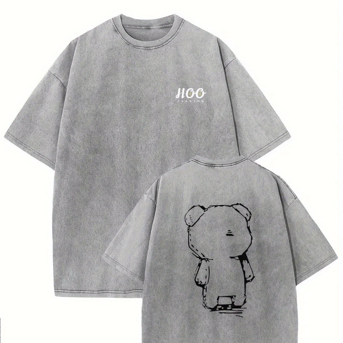 1pc, 230G Double-Sided Washed, Sticker Teddy Bear Printed T-Shirt