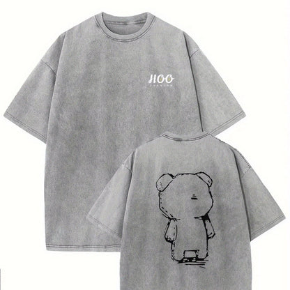 1pc, 230G Double-Sided Washed, Sticker Teddy Bear Printed T-Shirt