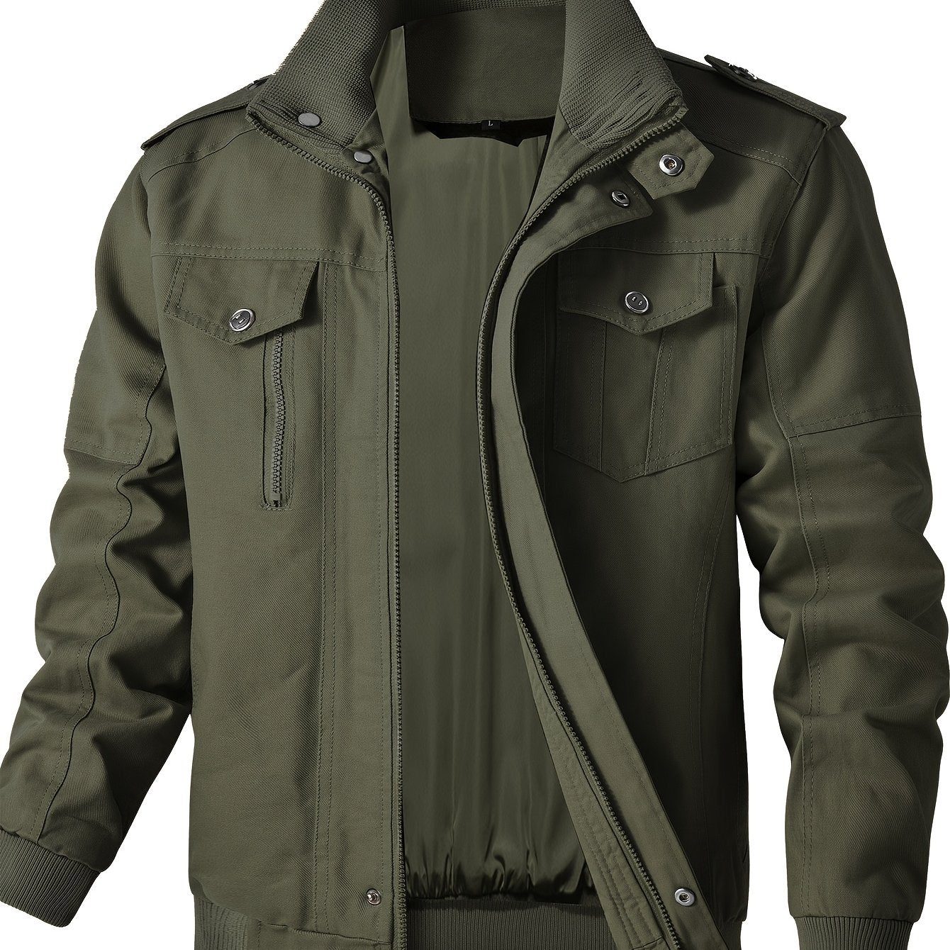 Men'S Windproof Cargo Jacket with Zipper Pockets - Olive Green, Casual Style