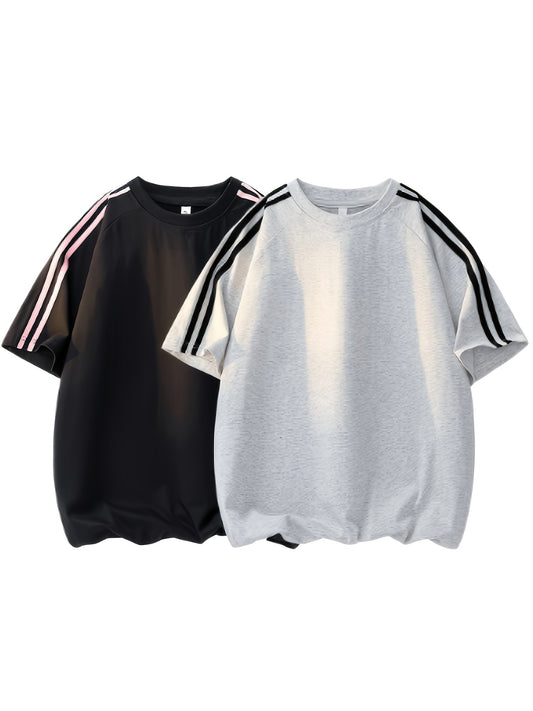 2pcs Men'S & Women'S Short Sleeve T-Shirts with Side Stripes - Comfortable Lightweight Polyester