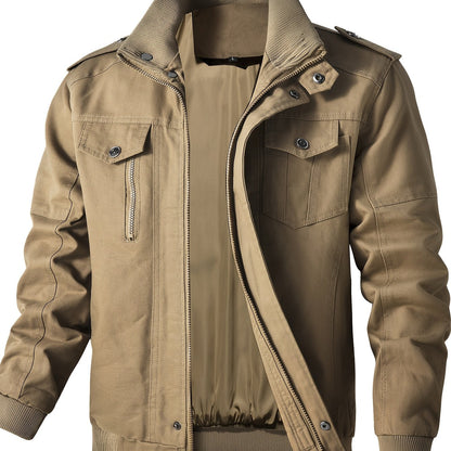 Men'S Windproof Cargo Jacket with Zipper Pockets - Olive Green, Casual Style