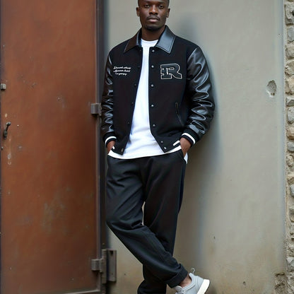 2025 Autumn Winter Men'S Black Baseball Jacket - High Street Embroidery, R Letter Patch