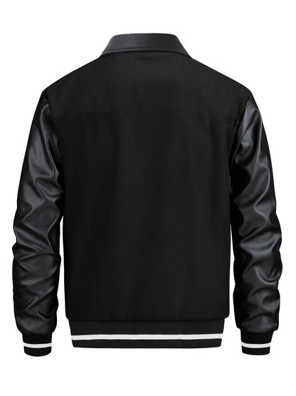 2025 Autumn Winter Men'S Black Baseball Jacket - High Street Embroidery, R Letter Patch