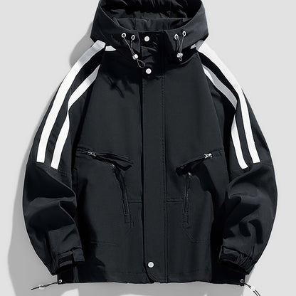 Men's Spring\u002FFall Windbreaker Jacket with Hood - Casual Loose-Fit Striped Coat