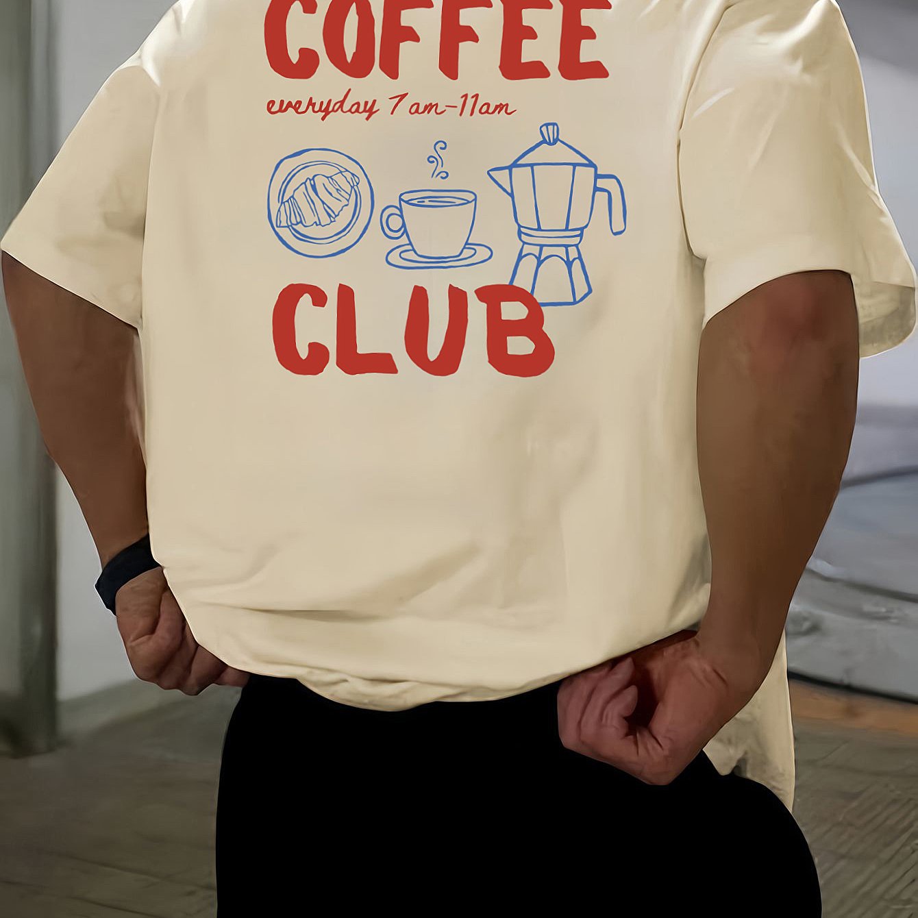 Men's short-sleeve T-shirt, 100% polyester fabric, loose fit, printed with English text and teapot design