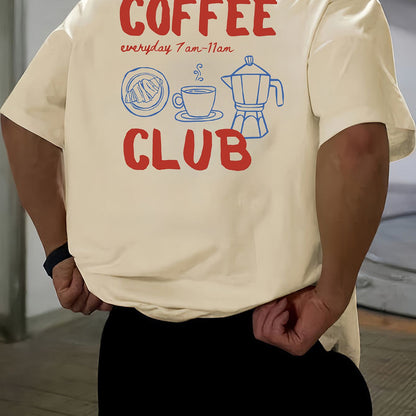 Men's short-sleeve T-shirt, 100% polyester fabric, loose fit, printed with English text and teapot design