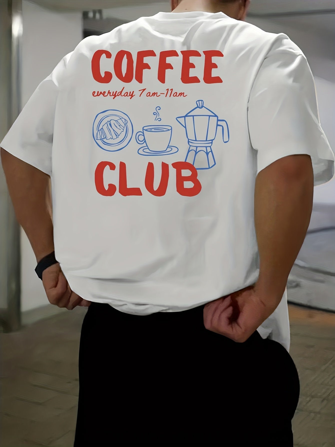Men's short-sleeve T-shirt, 100% polyester fabric, loose fit, printed with English text and teapot design