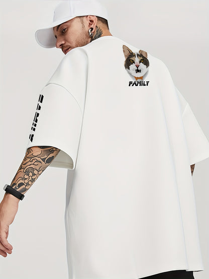 Fierce Cute Cat Graphic T-Shirt for Men - SANSYAS Brand, Loose Fit Casual Crew Neck Short Sleeve Tee with Bold Cat Design