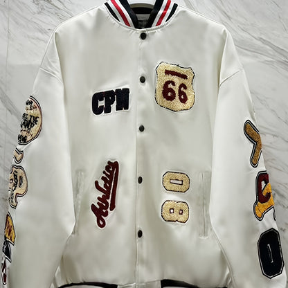 Men'S Embroidered Baseball Jacket, Casual Faux Leather with Polyester Lining, Stand Collar