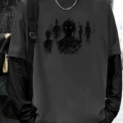 Color Matching Fake Two Men's Casual Loose Long-sleeved - Line Figure Printing T-shirts