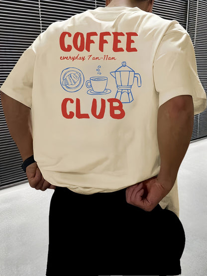 Men's short-sleeve T-shirt, 100% polyester fabric, loose fit, printed with English text and teapot design