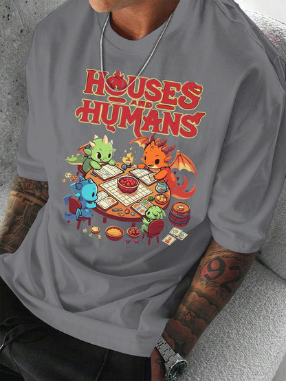 Men'S Casual Short Sleeve T-Shirt with Whimsical Dragon & Cabin Print - \