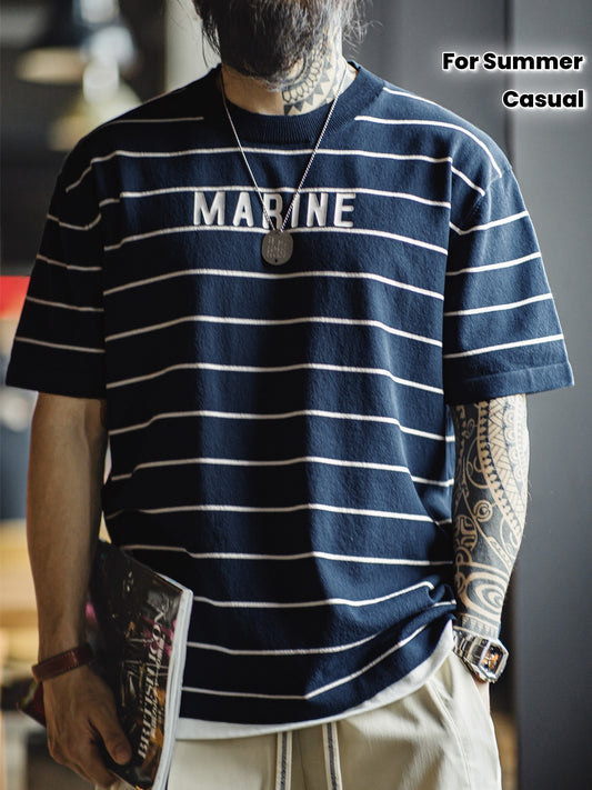 Men'S Vintage-Inspired Navy Blue & White Striped T-Shirt with \