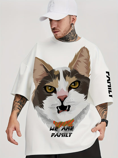 Fierce Cute Cat Graphic T-Shirt for Men - SANSYAS Brand, Loose Fit Casual Crew Neck Short Sleeve Tee with Bold Cat Design